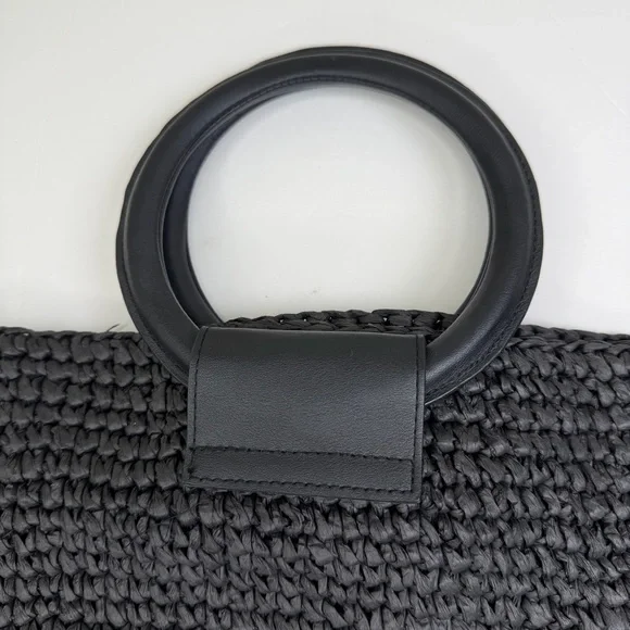 & Other Stories Black Woven Paper Straw Circle Ring Tote Boho Handbag - Picture 3 of 9